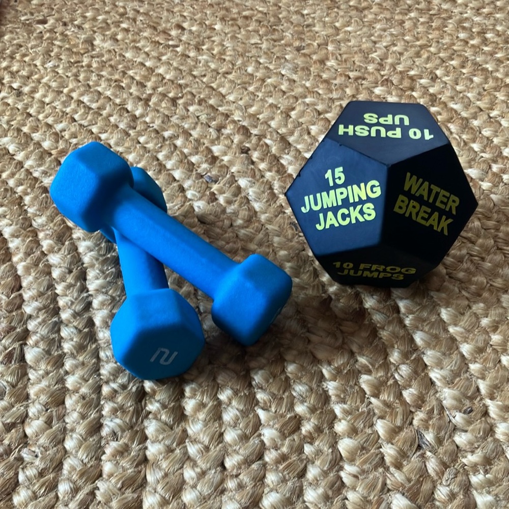 Set of 2: 2 pound Blue Dumbbells and 1 Exercise Dice Set